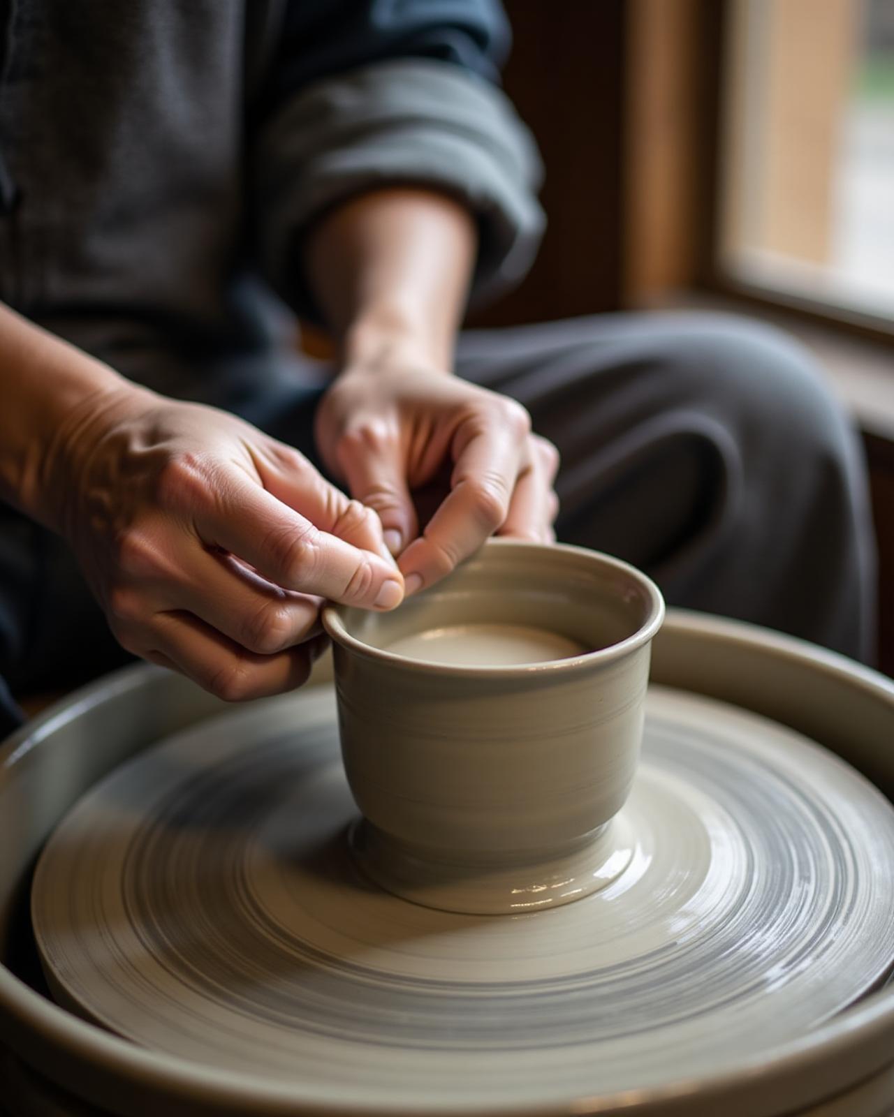 Japanese ceramic artist hands shaping clay on pottery wheel
