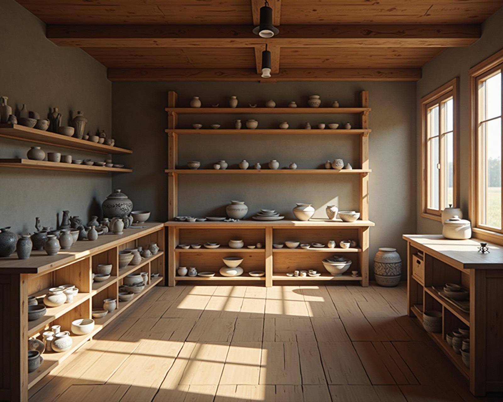 Japanese ceramic workshop with handmade vases on wooden shelves
