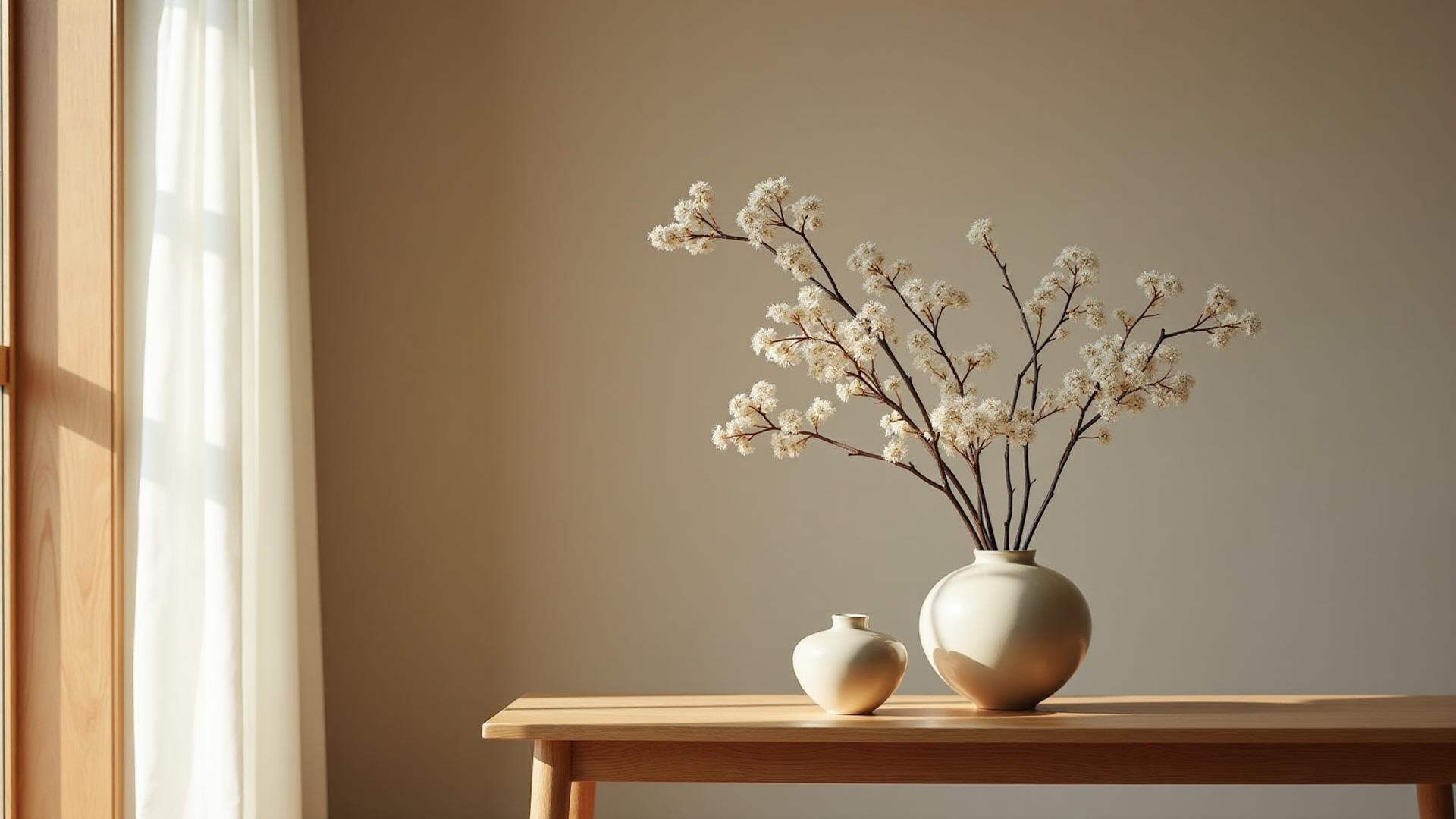 Japanese ceramic vases with ikebana arrangement in minimalist interior