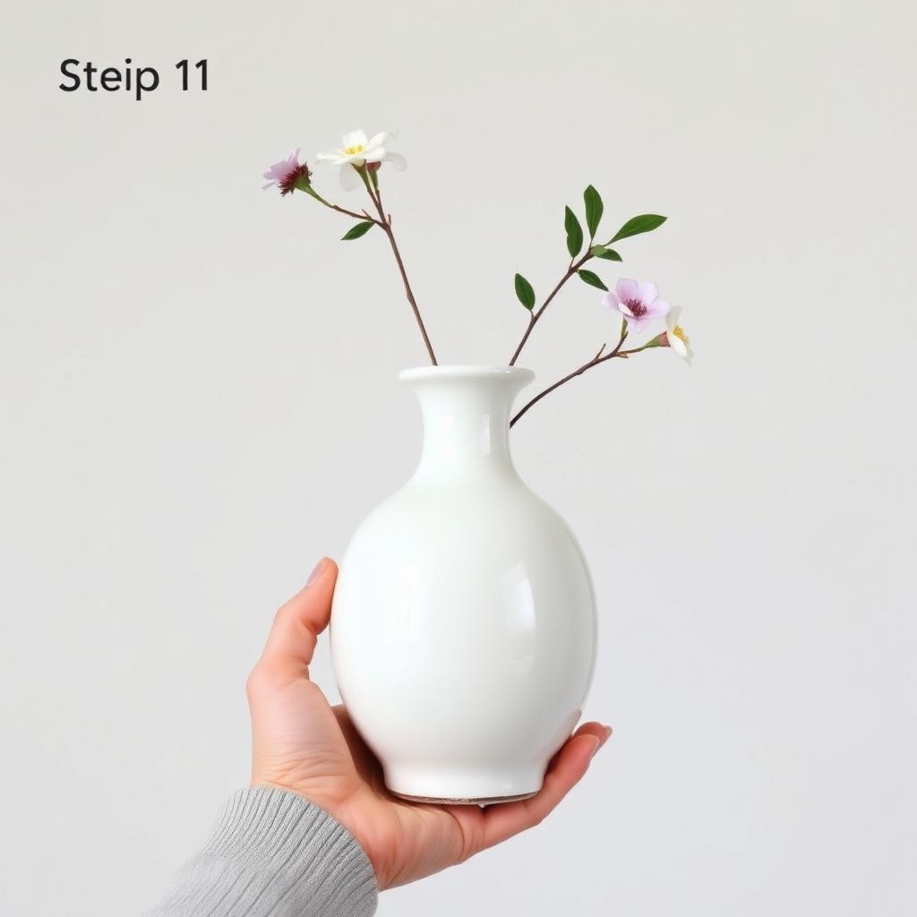 Step 1: hands holding empty Japanese ikebana ceramic vase