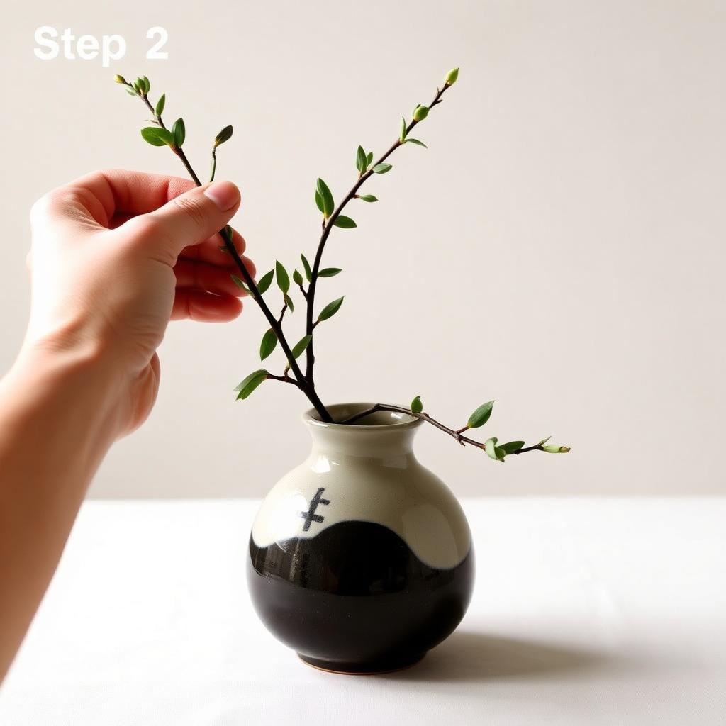 Step 2: hands placing first branch into Japanese ceramic vase for ikebana