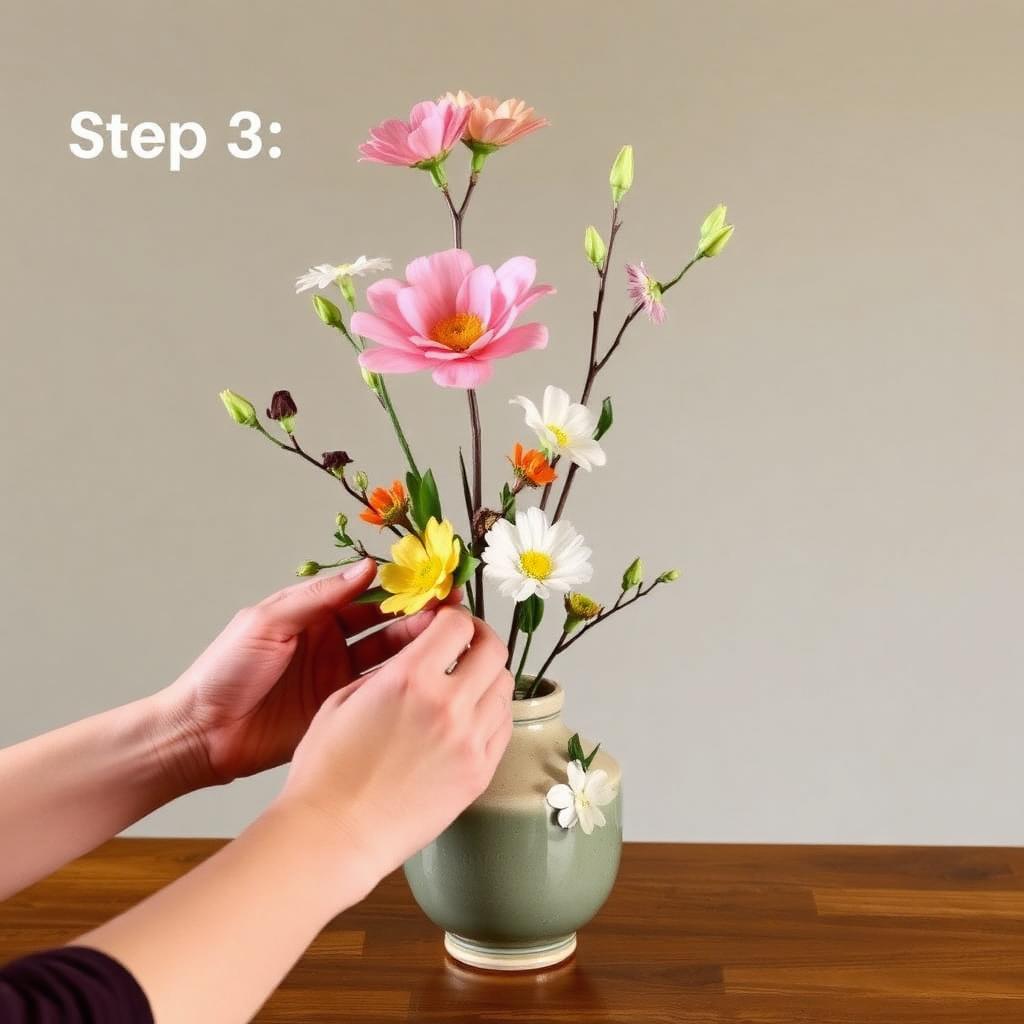 Step 3: hands adding flowers to ikebana arrangement in Japanese vase