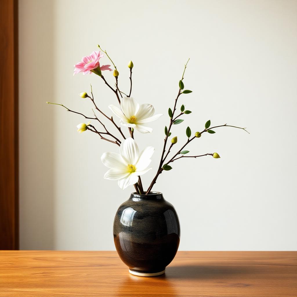Step 4: completed beautiful ikebana flower arrangement in Japanese ceramic vase