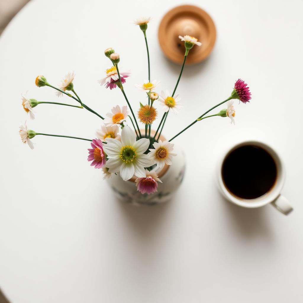 Overhead view Japanese ceramic vase with flowers and coffee