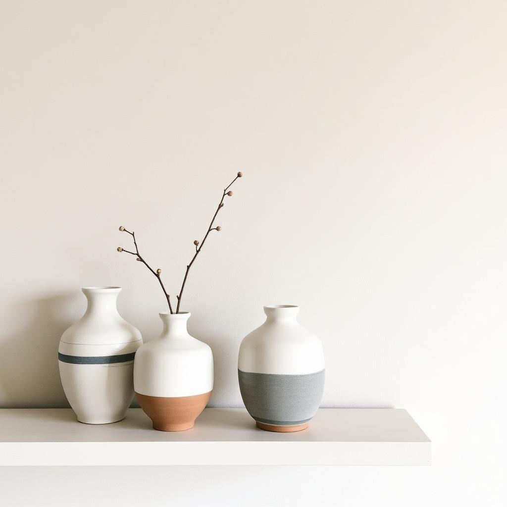 Japanese ceramic vase collection on minimalist shelf