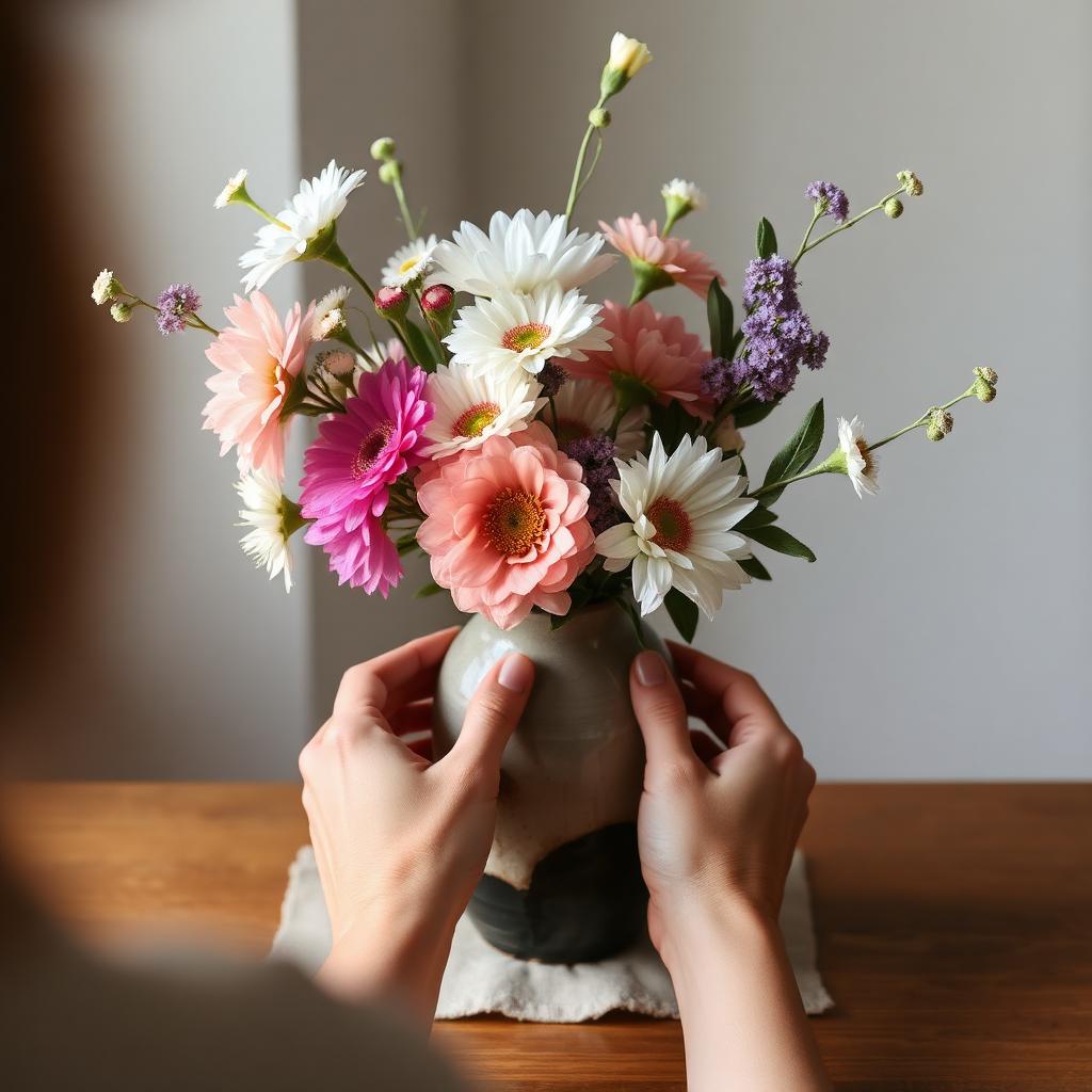 Hands arranging flowers in Japanese ceramic vase
