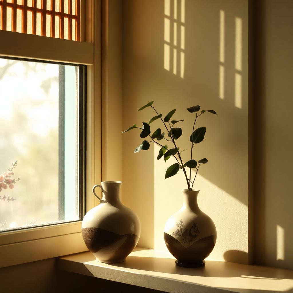 Japanese ceramic vase in sunlit window with plant
