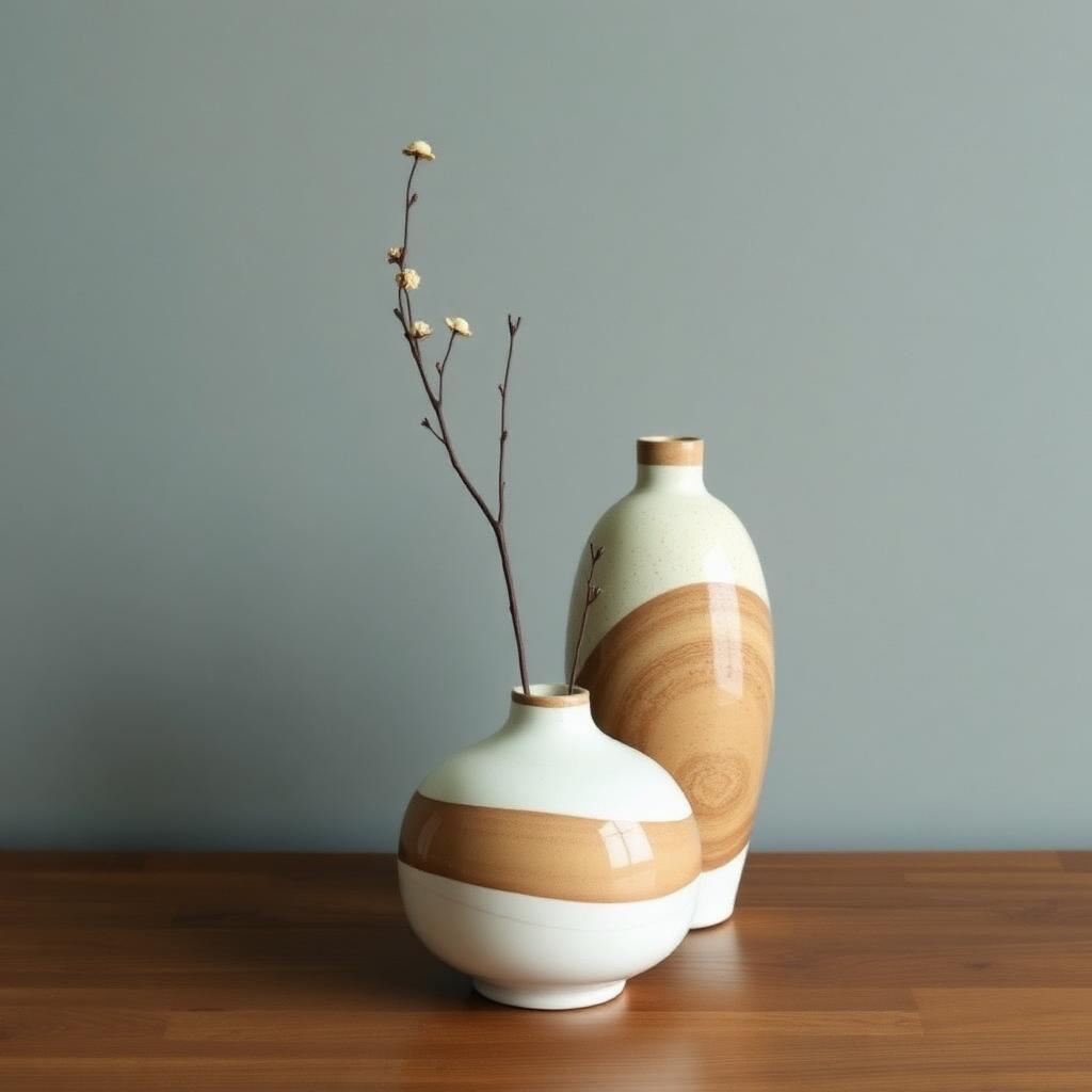 Pair of Japanese ceramic vases on wooden table