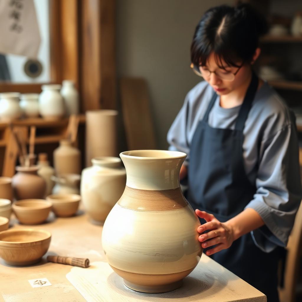 Japanese ceramic vase workshop scene with artisan