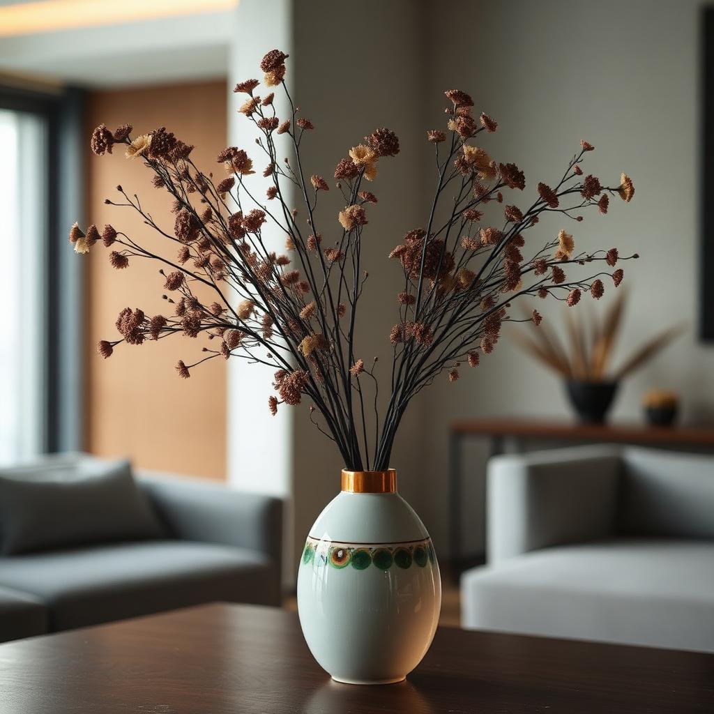 Elegant Japanese ceramic vase with dried flowers