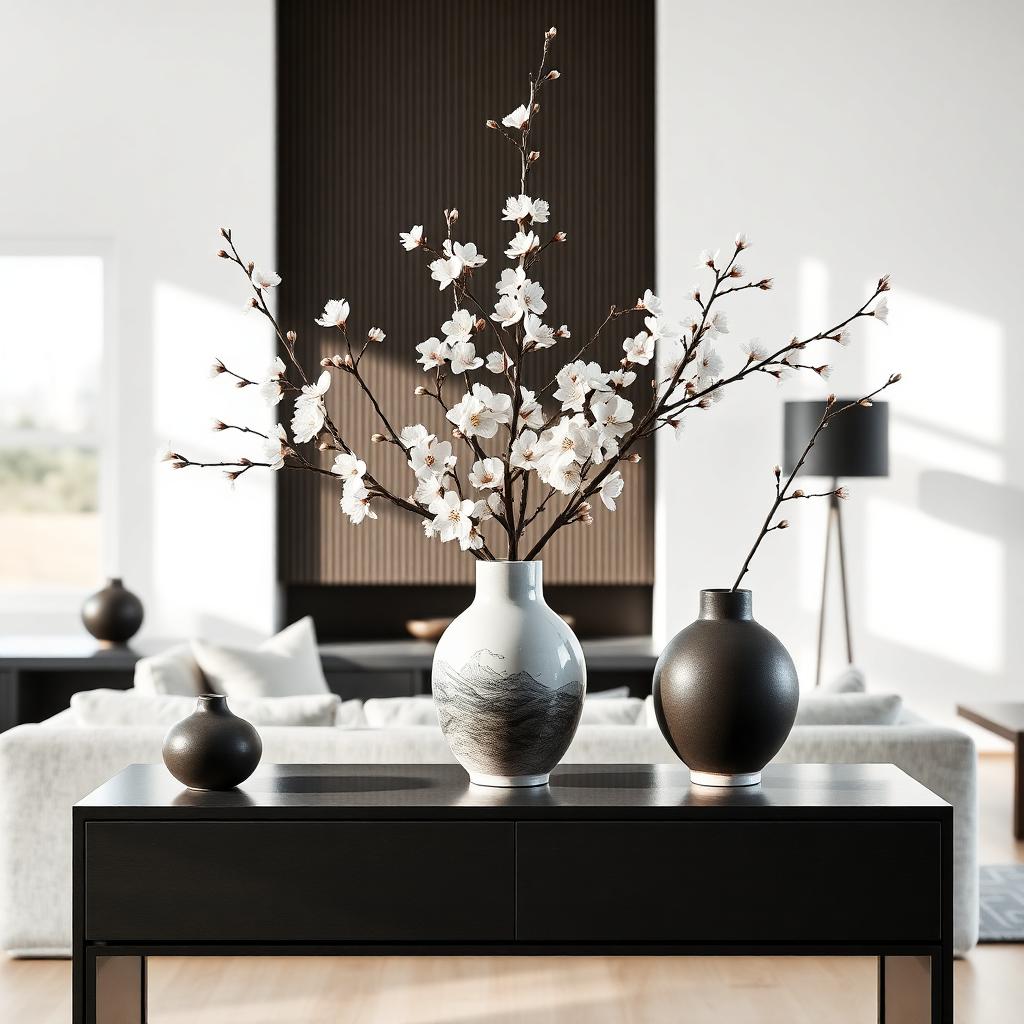 Japanese ceramic vase with cherry blossoms on modern console table in living room