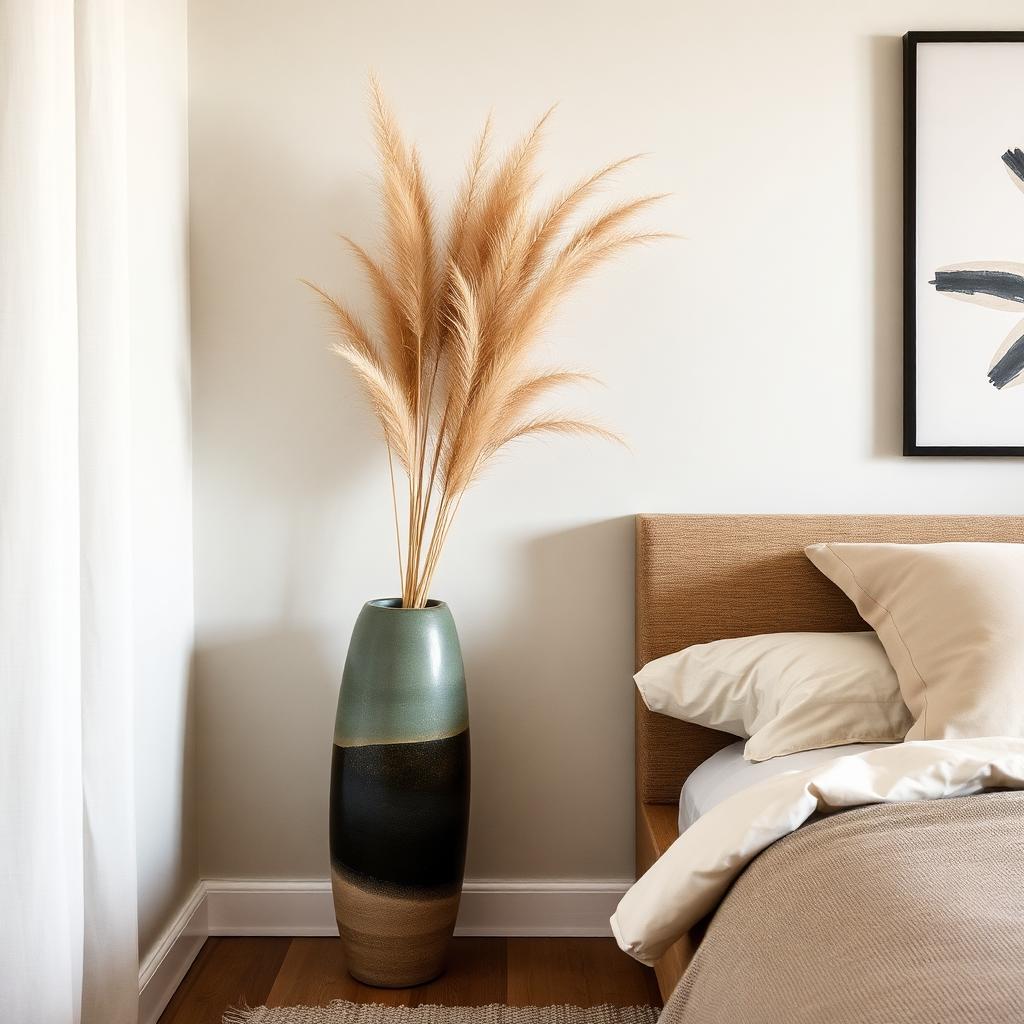 Tall Japanese ceramic vase with pampas grass in bedroom corner