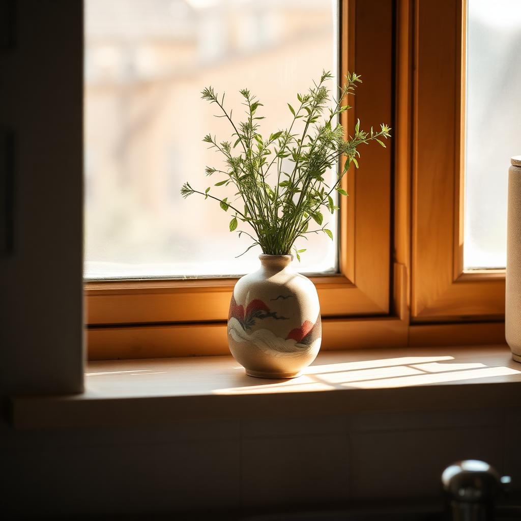 Small Japanese ceramic vase on kitchen windowsill with fresh herbs