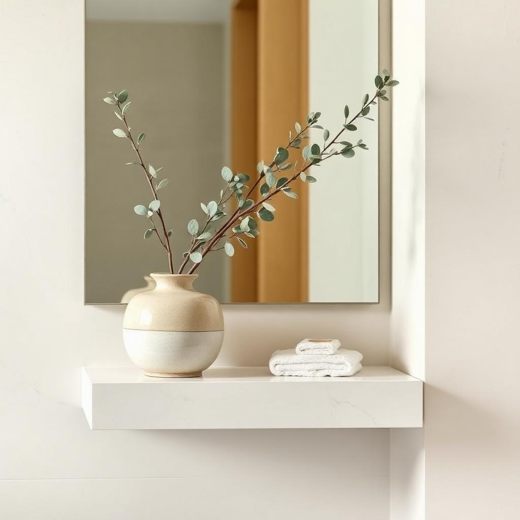 Japanese ceramic vase on floating shelf in bathroom