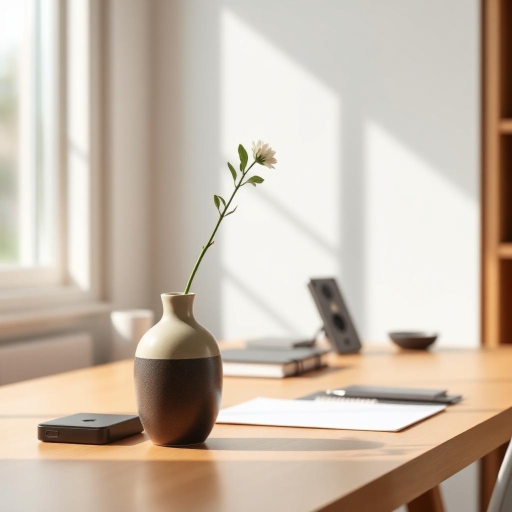 Japanese ceramic vase on home office desk with single flower stem